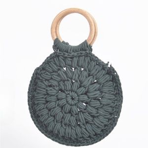 New Macrame cotton steel green purse with wooden handle